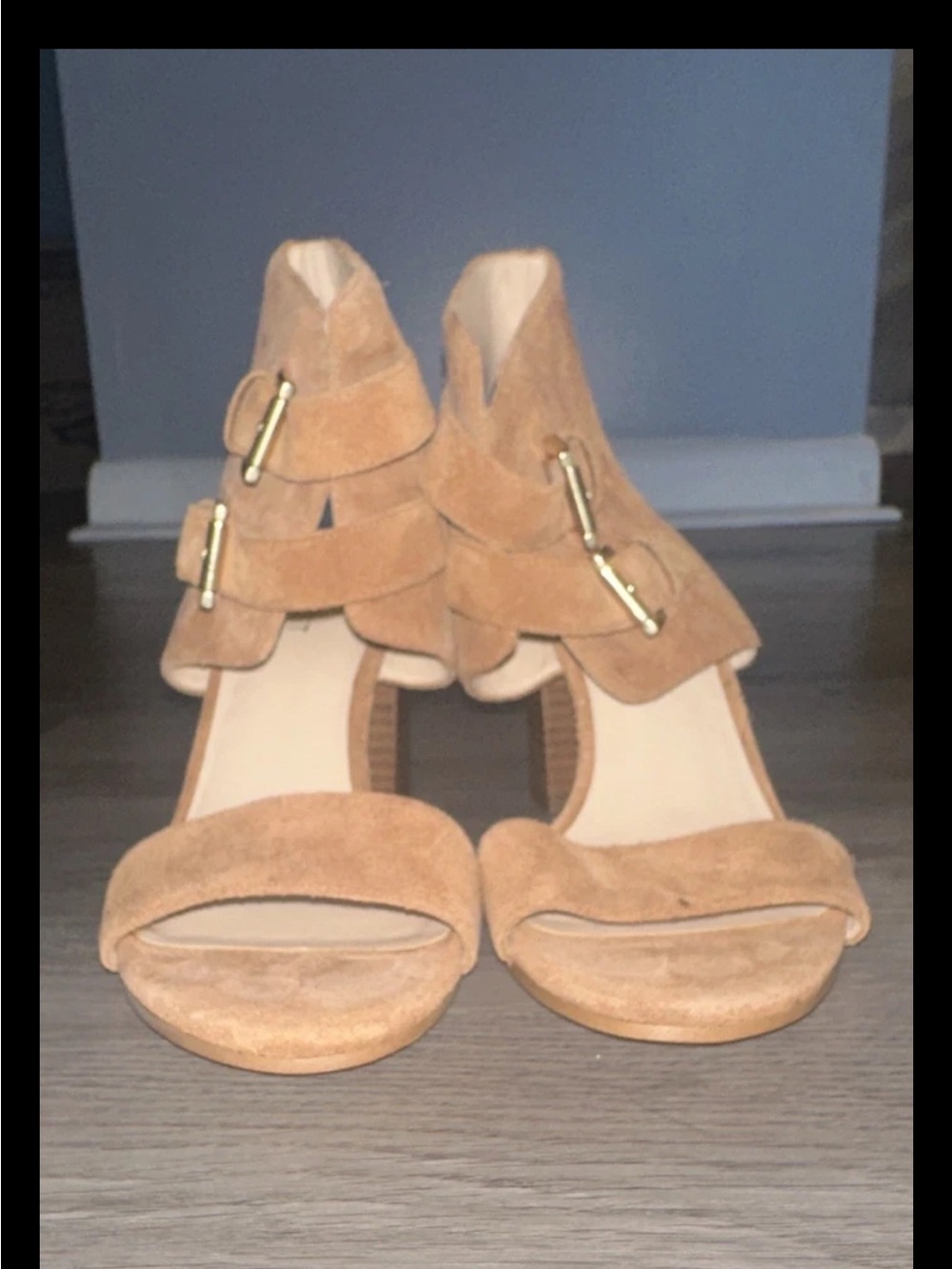 Nine West Tan Suede Strappy Block Heel Sandals with Gold Buckles
